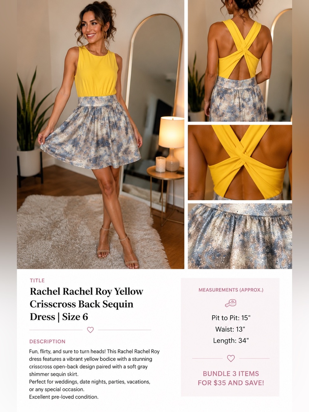 Rachel Rachel Roy Yellow Open Crisscross Back Dress | Gray Sequin Skirt | Size 6